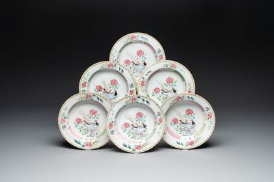 A set of six Chinese famille rose 'pheasants' plates, Yongzheng
