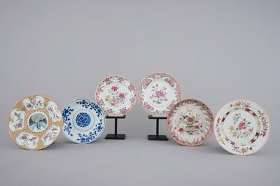 Un lot de six assiettes en porcelaine de Chine famille rose, incl. un armoirié de Lawson-Jessop, 18ème