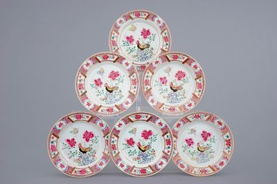 A set of six Chinese famille rose plates with roosters, 18th C.