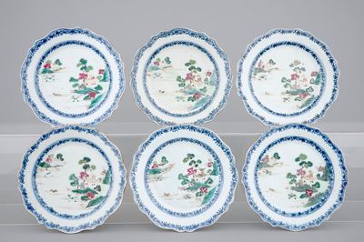 A set of six Chinese lobed famille rose landscape plates, Qianlong, 18th C.