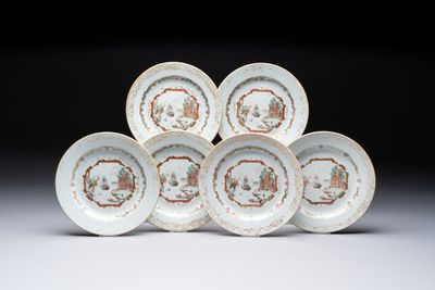 A set of six Chinese Meissen-style export plates with a harbour scene, Qianlong