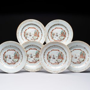 A set of six Chinese Meissen-style export plates with a harbour scene, Qianlong — photo 1