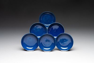 A set of six Chinese sacrificial blue-glazed saucers, Guangxu mark and of the period