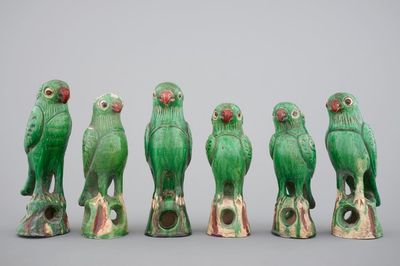A set of six Chinese sancai pottery figures of parrots, late Qing Dynasty