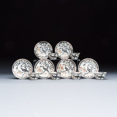 A set of six Chinese silver and gilt-decorated 'Pheasants Among Flowering Branches' tea bowls and saucers, Qianlong