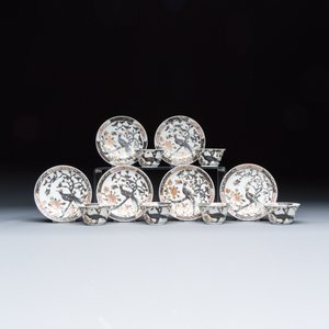 A set of six Chinese silver and gilt-decorated 'Pheasants Among Flowering Branches' tea bowls and saucers — photo 1