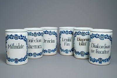 A set of six large blue and white albarello-type drug jars, Nevers, France, 18th C.