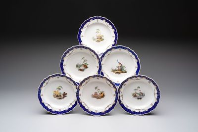 A set of six The Hague-decorated Tournai porcelain plates with birds, last quarter 18th C.
