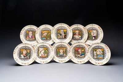 A set of ten English Arts and Crafts plates, Henry Stacy Marks for Minton, ca. 1878