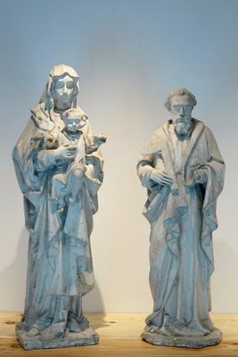 A set of two 100 cm plaster casts of religious figures, one Judas Thaddeus, 19/20th C., Bruges
