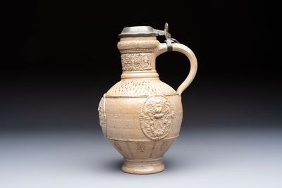 A Siegburg stoneware jug with mounted pewter lid, dated 1594 — photo 1