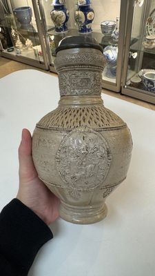 A Siegburg stoneware jug with mounted pewter lid, dated 1594 — photo 12