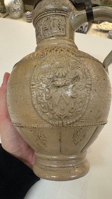 A Siegburg stoneware jug with mounted pewter lid, dated 1594 — photo 13