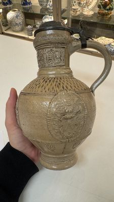 A Siegburg stoneware jug with mounted pewter lid, dated 1594 — photo 15