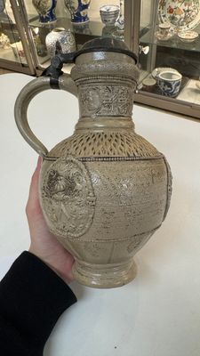 A Siegburg stoneware jug with mounted pewter lid, dated 1594 — photo 2