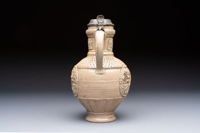 A Siegburg stoneware jug with mounted pewter lid, dated 1594 — photo 3