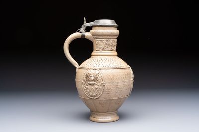 A Siegburg stoneware jug with mounted pewter lid, dated 1594 — photo 5