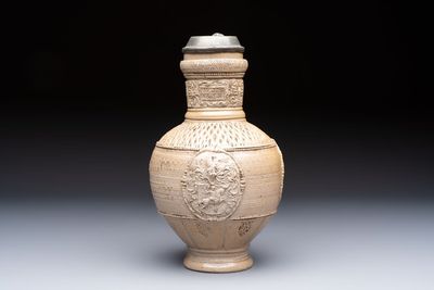 A Siegburg stoneware jug with mounted pewter lid, dated 1594 — photo 6