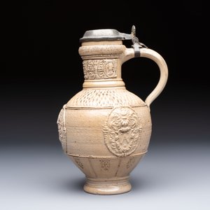 A Siegburg stoneware jug with mounted pewter lid, dated 1594 — photo 2