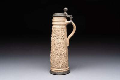 A Siegburg stoneware pewter-mounted schnelle, dated 1589