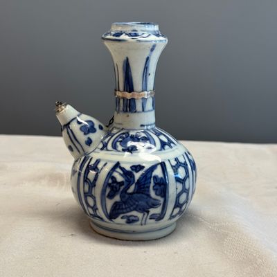 A silver-mounted Chinese blue and white 'Cranes' miniature kendi — photo 1