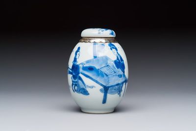 A silver-mounted Chinese blue and white tea caddy and cover, artemisia leaf mark, Kangxi
