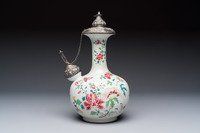 A silver-mounted Chinese famille rose kendi with floral design, Qianlong