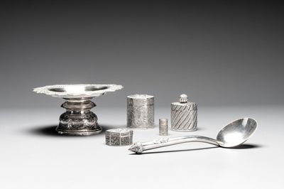 A silver tazza, four boxes and a large spoon, China and Thailand 19/20th C.