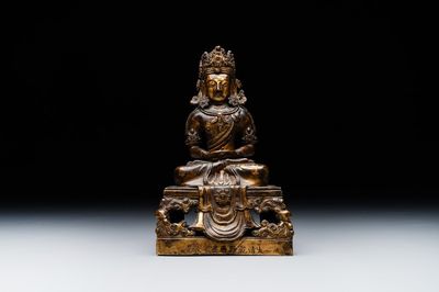 A Sino-Tibetan gilt bronze Buddha Amitayus, dated 1770, Qianlong
