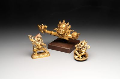 A Sino-Tibetan gilt-bronze Mahakala on stand, a Tibetan Vajradhaka and a Hayagriva, 19/20th C.