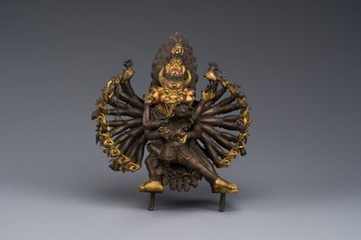 A Sino-Tibetan gilt bronze sculpture of Yamantaka, probably 17/18th C.