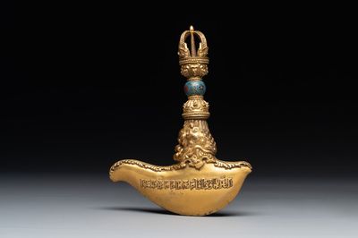 A Sino-Tibetan gilt copper and cloisonné vajra kartika with inscriptions, 19/20th C.