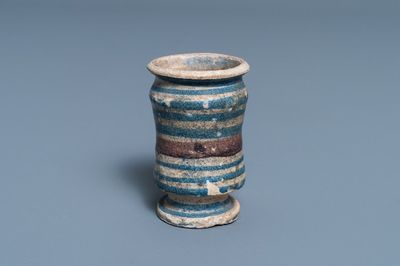 A small blue, white and manganese maiolica albarello, Antwerp or Northern Netherlands, 16/17th C.