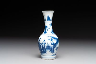 A small Chinese blue and white bottle vase with narrative design, Transitional period