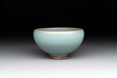 A small Chinese blue-glazed 'jun' tea cup with a wooden box, Song/Yuan
