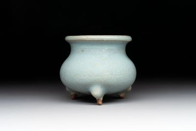 A small Chinese blue-glazed 'jun' tripod censer, Jin/Yuan