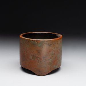 A small Chinese bronze cylindric tripod censer, Xuande mark, Ming — photo 1