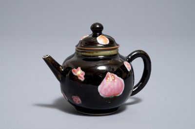 A small Chinese famille rose black ground teapot and cover, Yongzheng/Qianlong