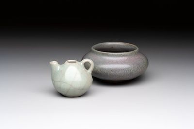 A small Chinese Longquan celadon water dropper and a jun-type water pot, Yuan/Ming