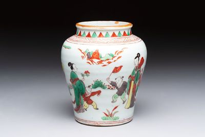 A small Chinese wucai jar with figures in a landscape, Transitional period