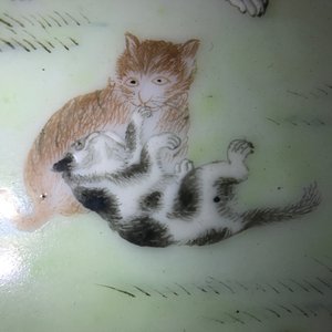 A small framed Chinese famille rose plaque depicting playing cats, 19/20th C. — photo 5