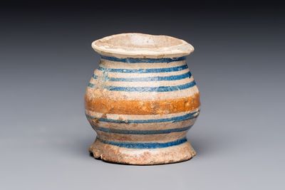 A small polychrome maiolica albarello-type ointment jar, Antwerp or Northern Netherlands, 16th C.