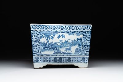 A square Chinese blue and white 'three rams' jardiniere, 19th C.
