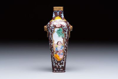 A square Chinese Canton enamel 'European subject' vase, Qianlong mark and probably of the period