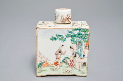 A square Chinese famille rose tea caddy and cover, Qianlong