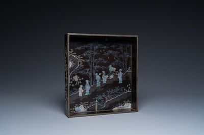 A square Chinese mother-of-pearl-inlaid black lacquer tray, 18th C.