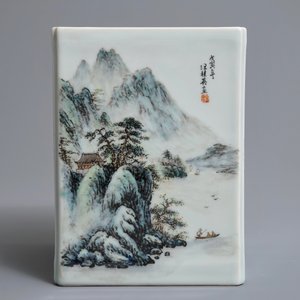 A square Chinese qianjiang cai brush pot with landscapes, 20th C. — 照片 4