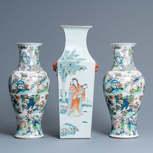 A square Chinese qianjiang cai vase and a pair of Samson famille verte vases, 19th C. — 照片 4