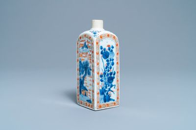 A square Chinese verte-Imari flask with floral and landscape panels, Kangxi