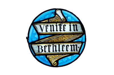 A stained glass roundel inscribed 'Venite in Bethleem', 17th C.